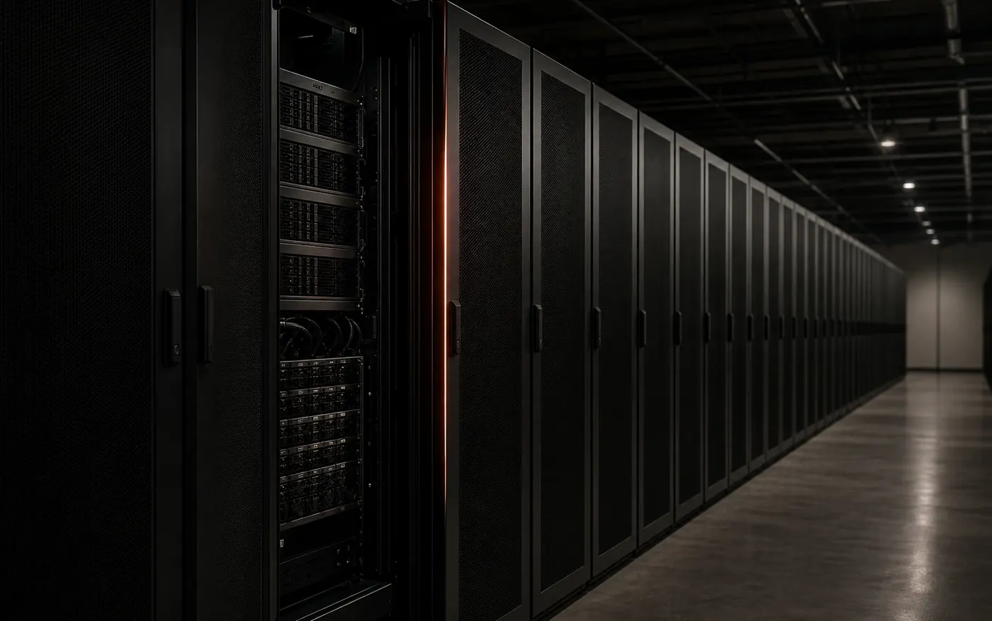 Dark row of server rack doors with an open bay