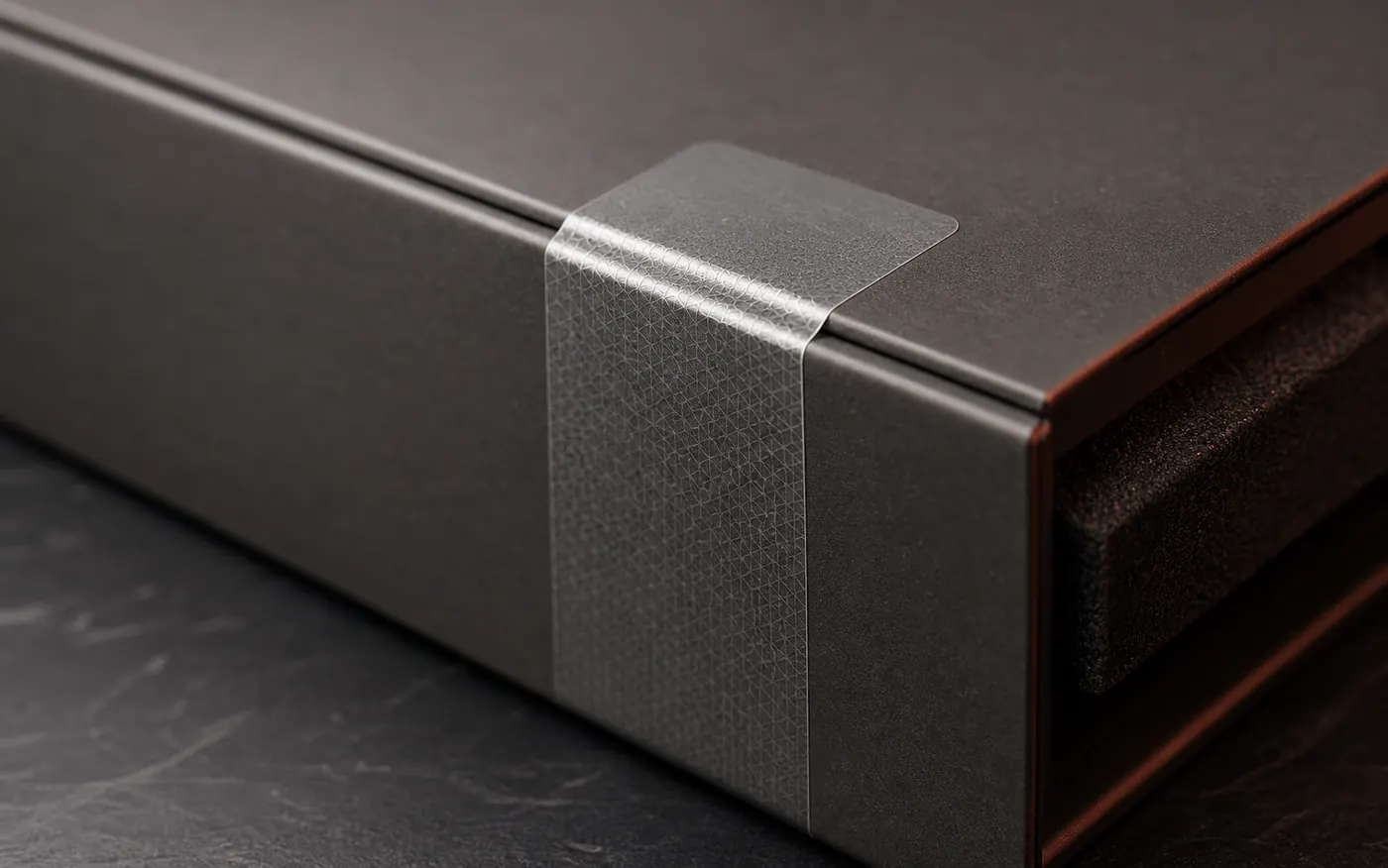 Blank tamper-evident seal strip across a neutral shipping case